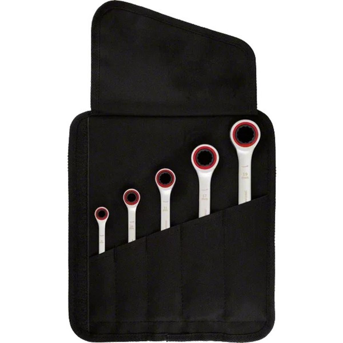 Bosch Professional Ratschenschlüssel-Set 5-teilig (8-19 mm, Chrom-Vanadium-Stahl, in Stofftasche)