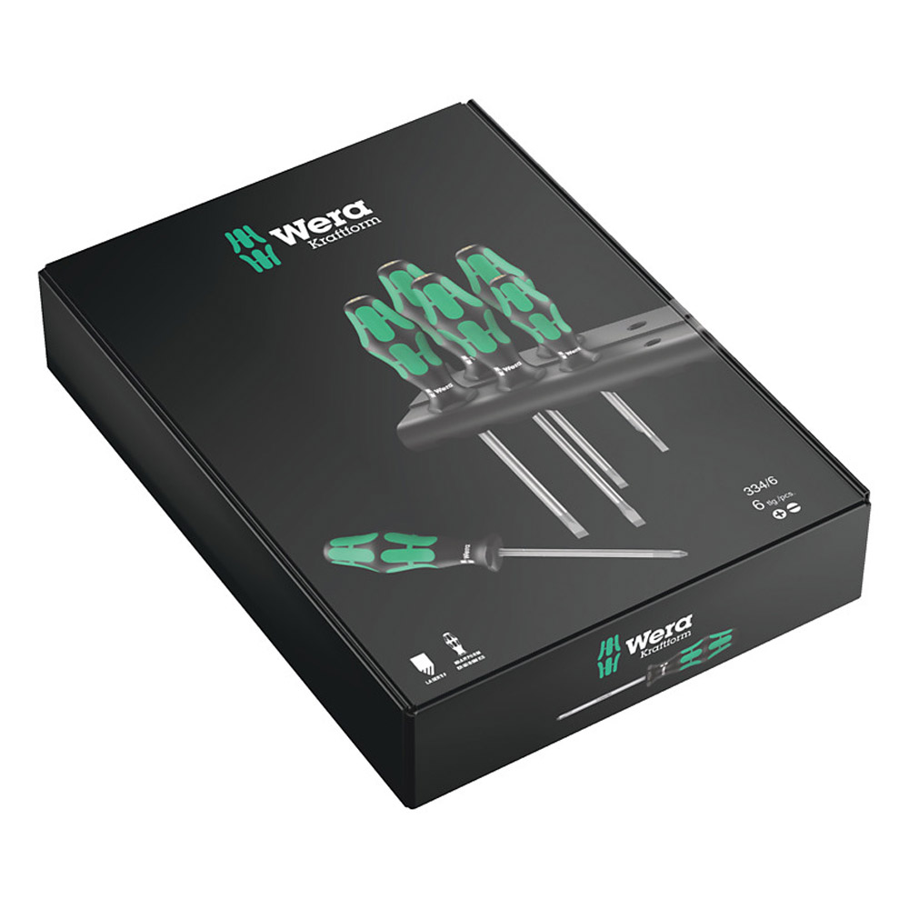 Wera 334/6 Rack Schraubendrehersatz Kraftform Plus Lasertip + Rack, 6-teilig