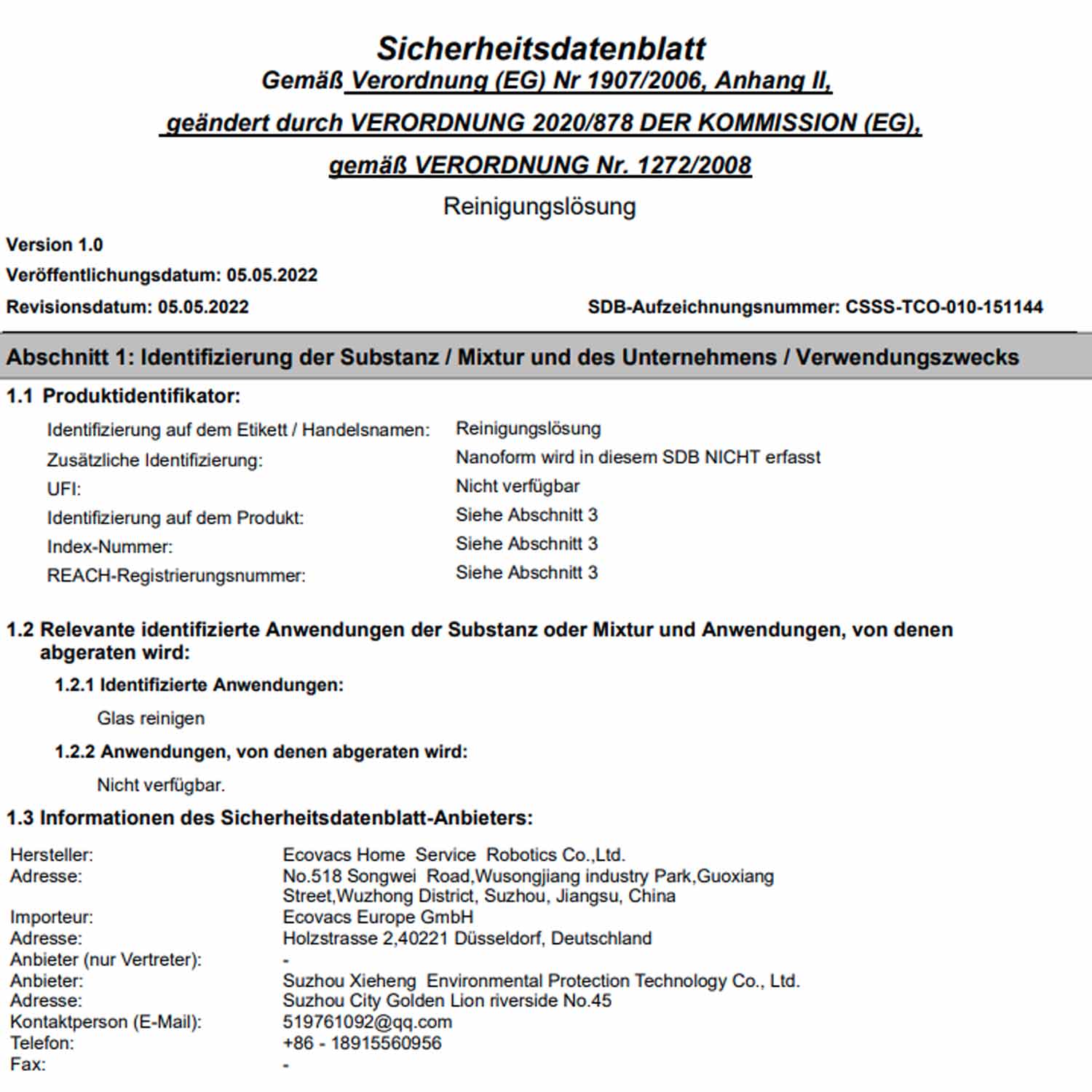 ECOVACS Reinigungslösung 1L für Winbot Fensterputzroboter