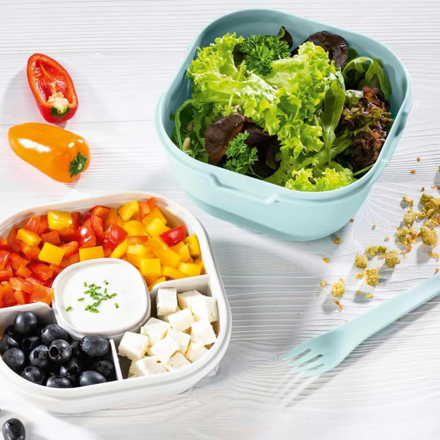 Xavax Salatbox To Go inkl. Dressingbehälter 3 Fächer 1400 ml pastellblau