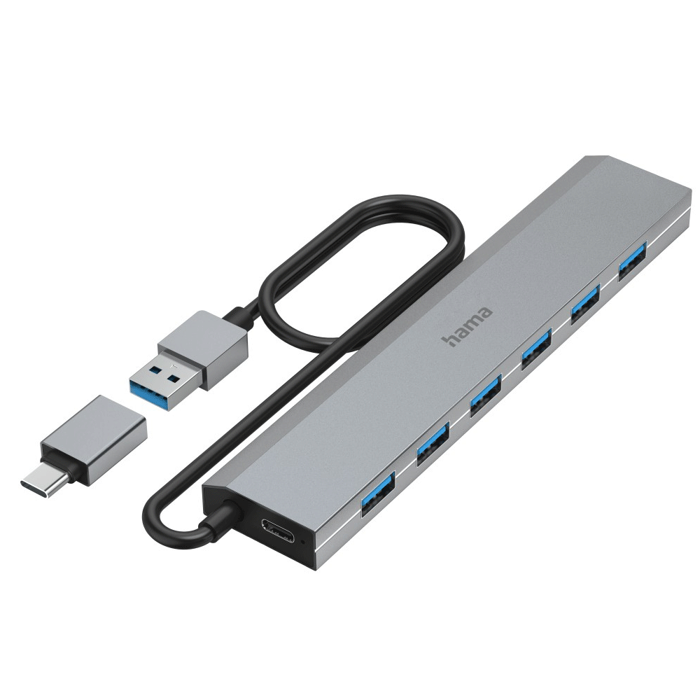 Hama USB-Hub 7 Ports USB 3.2 Gen1 5 Gbit/s inkl. USB-C-Adapter und Netzteil