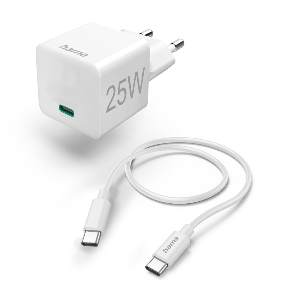 Hama Schnellladegerät mit Ladekabel USB-C, Mini-Ladegerät, PD, 25 W, 1,5 m, Weiß