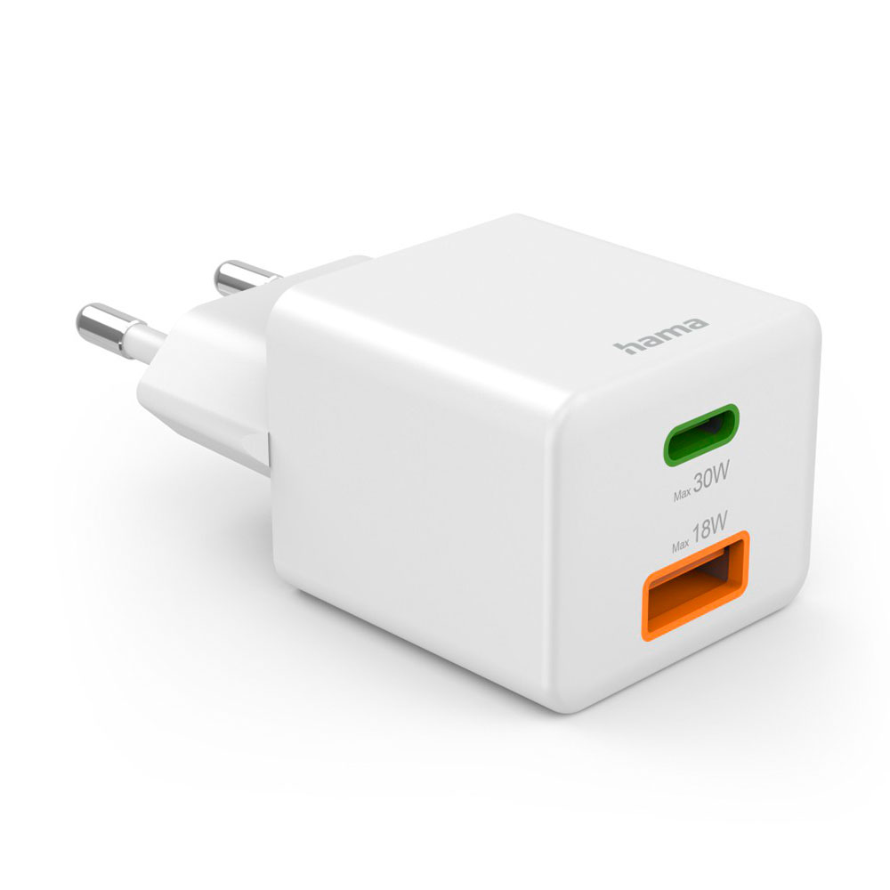 Hama Schnellladegerät, 1x USB-C, 1x USB-A, Mini-Ladegerät, PD, 30 W, Weiß