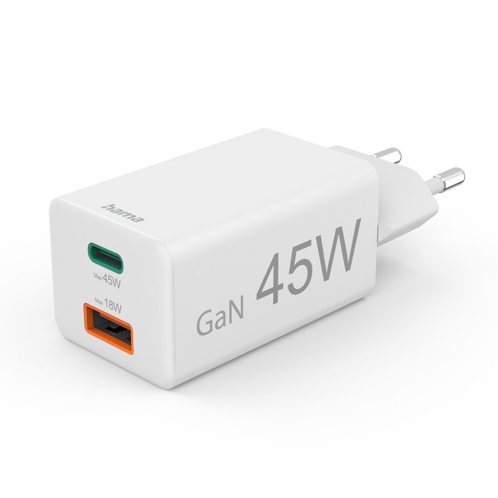 Hama Schnellladegerät, 1x USB-C, 1x USB-A, Mini-Ladegerät, PD, 45 W, Weiß