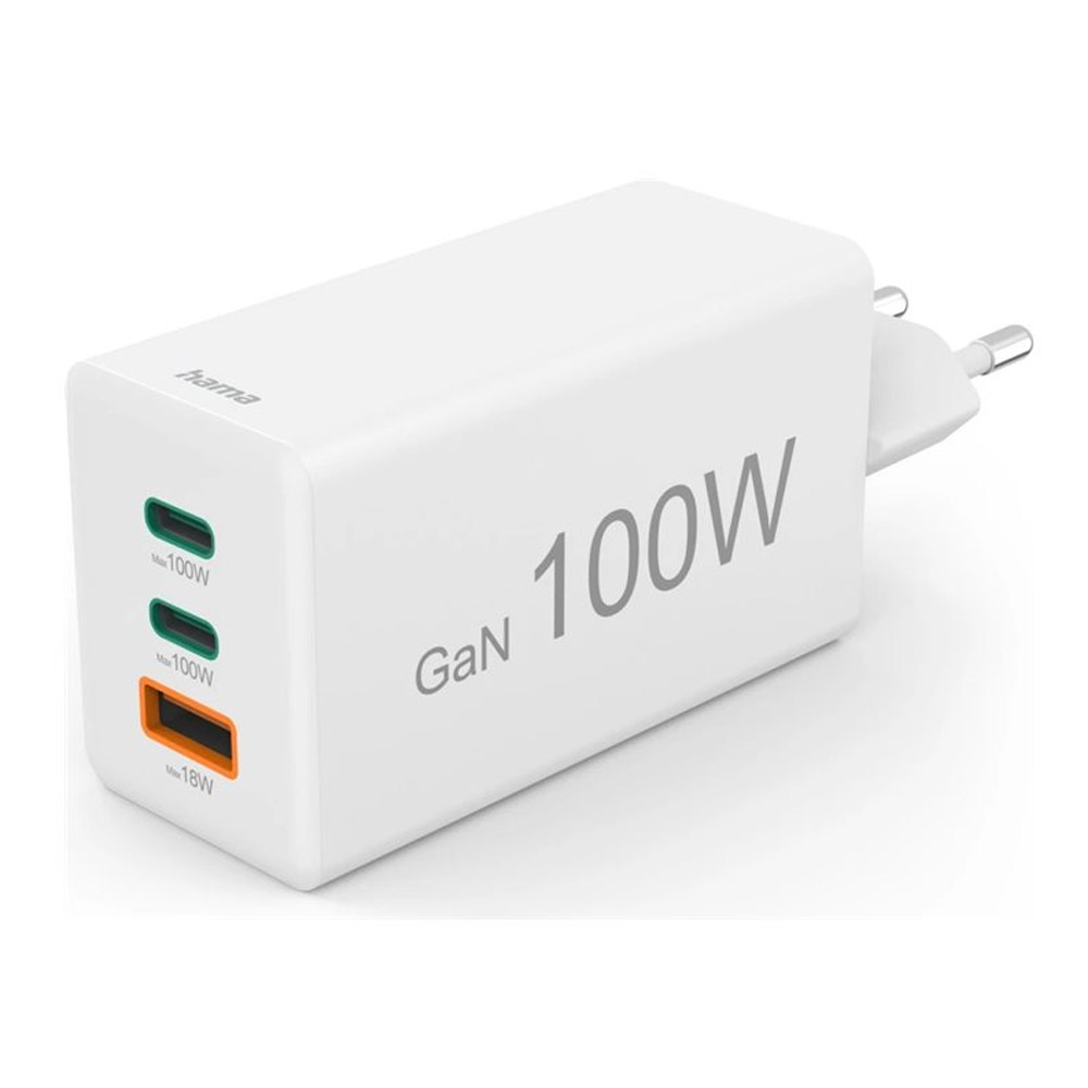 Hama Schnellladegerät, GaN, 2x USB-C, 1x USB-A, Mini-Ladegerät, PD, 100 W, Weiß