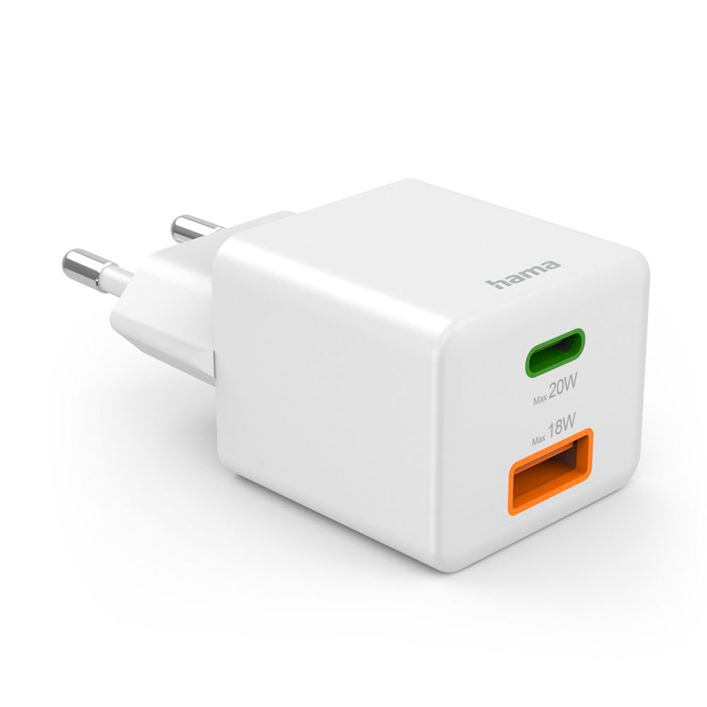 Hama Schnellladegerät, 1x USB-C, 1x USB-A, Mini-Ladegerät, PD, 20 W, Weiß