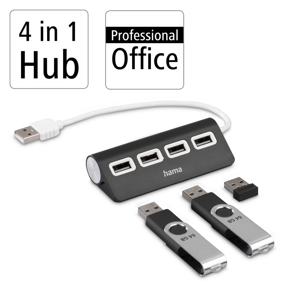 Hama USB-Hub, 4 Ports, USB 2.0, 480 Mbit/s, Schwarz