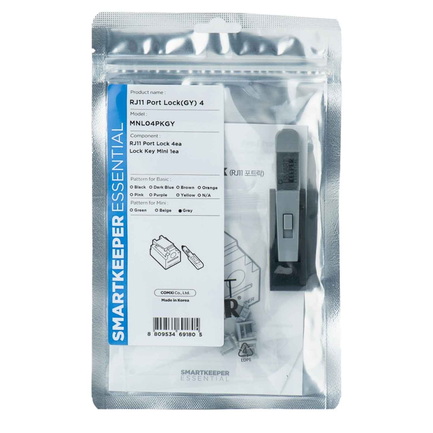 SmartKeeper MNL04PKGY RJ11 Port Blocker 4 Stück mit Schlüssel grau